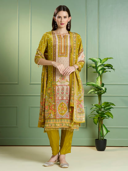 Ethnic Printed Embroidered Straight Kurta with Pant & Dupatta - Lime Green