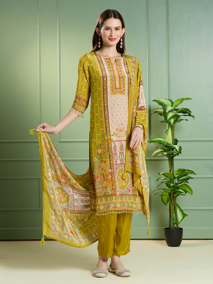 Ethnic Printed Embroidered Straight Kurta with Pant & Dupatta - Lime Green