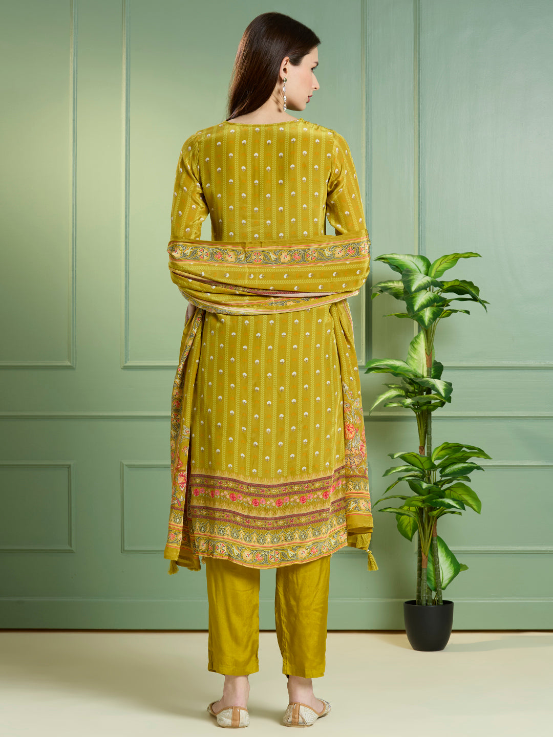 Ethnic Printed Embroidered Straight Kurta with Pant & Dupatta - Lime Green