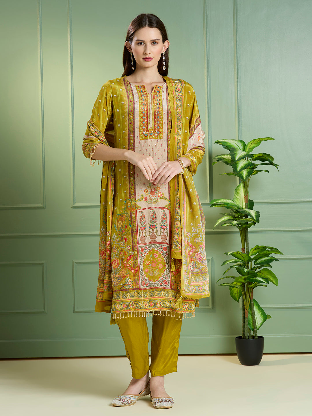 Ethnic Printed Embroidered Straight Kurta with Pant & Dupatta - Lime Green