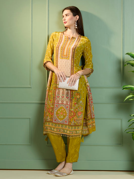 Ethnic Printed Embroidered Straight Kurta with Pant & Dupatta - Lime Green