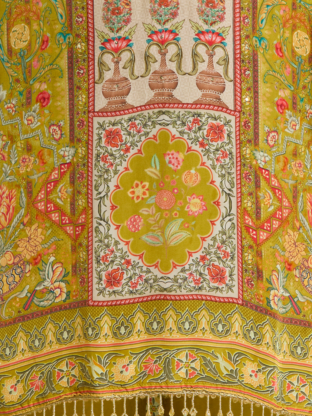 Ethnic Printed Embroidered Straight Kurta with Pant & Dupatta - Lime Green