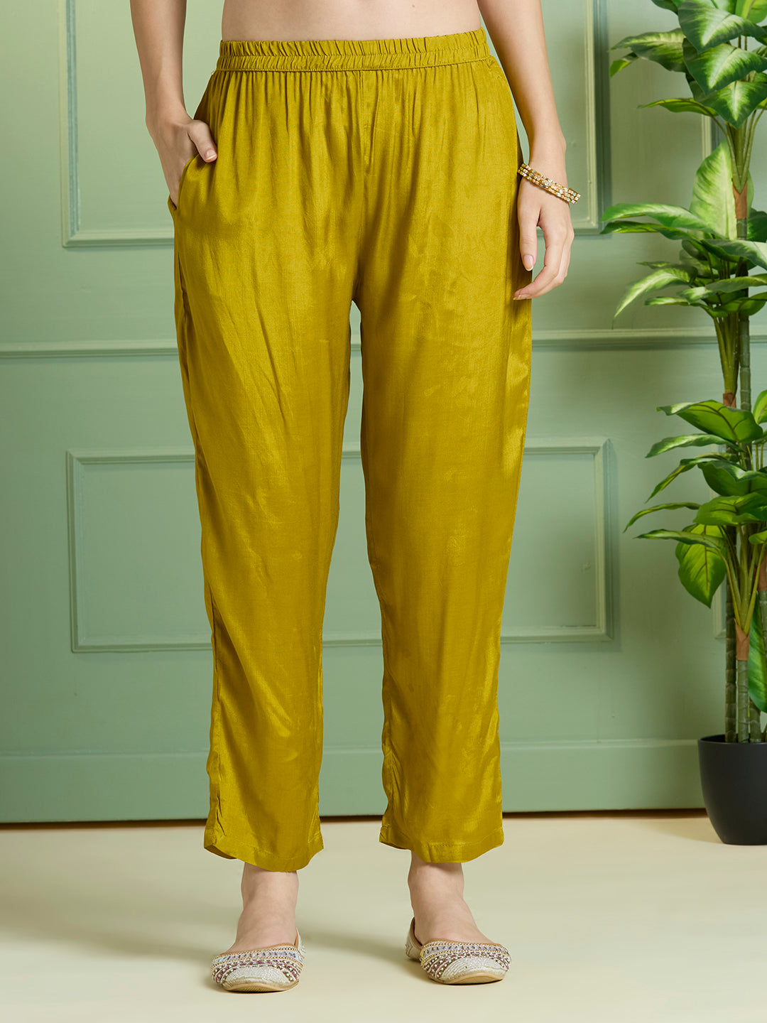 Ethnic Printed Embroidered Straight Kurta with Pant & Dupatta - Lime Green