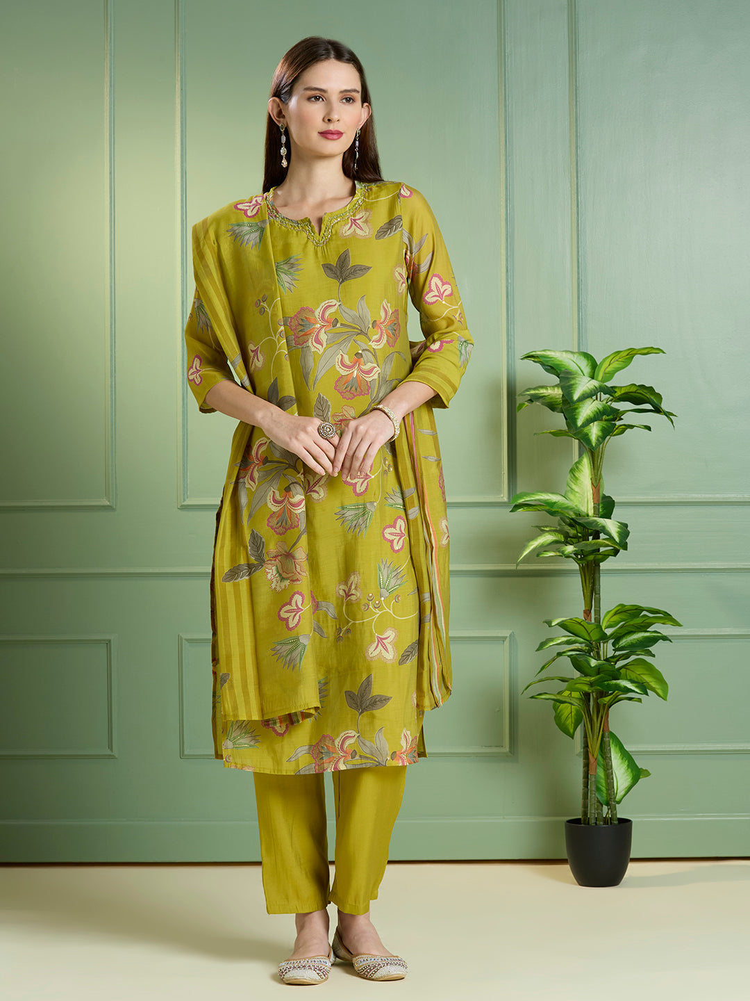 Ethnic Floral Printed Straight Fit Embroidered Kurta with Pant and Dupatta - Lime Green