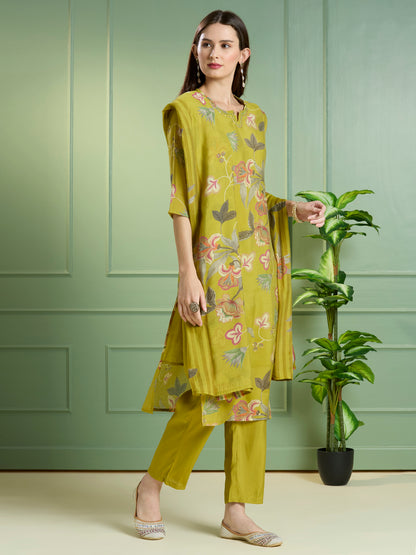 Ethnic Floral Printed Straight Fit Embroidered Kurta with Pant and Dupatta - Lime Green