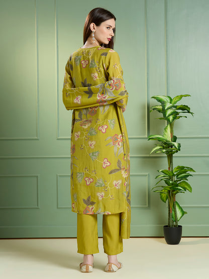 Ethnic Floral Printed Straight Fit Embroidered Kurta with Pant and Dupatta - Lime Green
