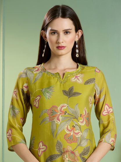 Ethnic Floral Printed Straight Fit Embroidered Kurta with Pant and Dupatta - Lime Green