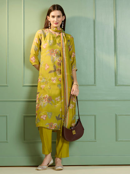 Ethnic Floral Printed Straight Fit Embroidered Kurta with Pant and Dupatta - Lime Green