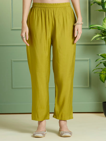 Ethnic Floral Printed Straight Fit Embroidered Kurta with Pant and Dupatta - Lime Green