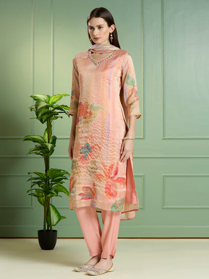Festive Floral Printed Embroidered Tissue Kurta with Pant & Dupatta - Pink