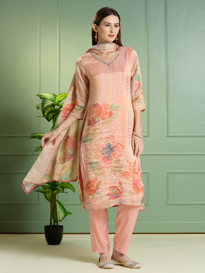 Festive Floral Printed Embroidered Tissue Kurta with Pant & Dupatta - Pink