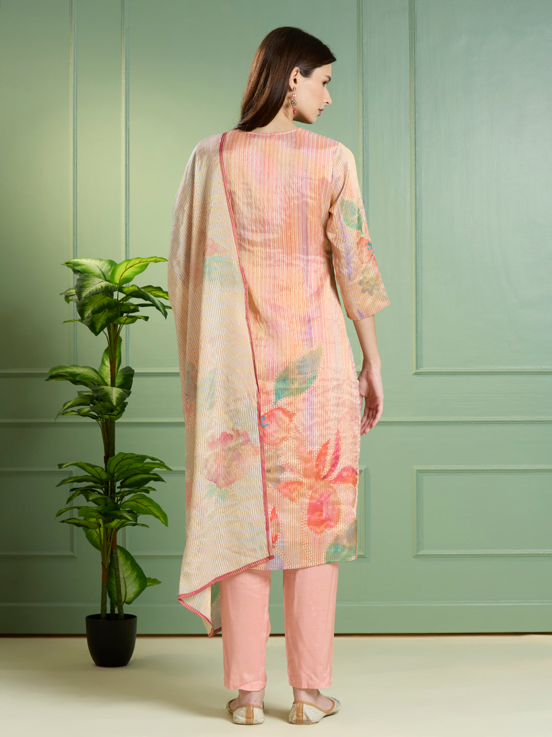 Festive Floral Printed Embroidered Tissue Kurta with Pant & Dupatta - Pink