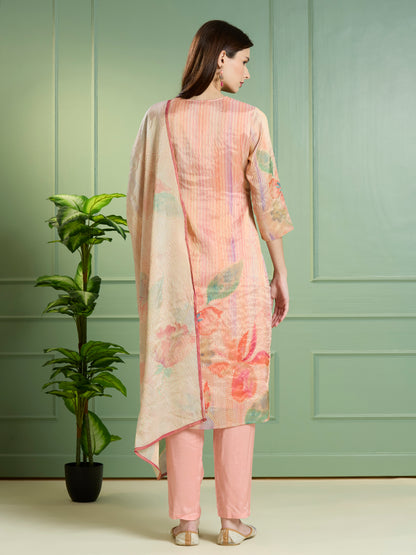 Festive Floral Printed Embroidered Tissue Kurta with Pant & Dupatta - Pink