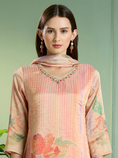 Festive Floral Printed Embroidered Tissue Kurta with Pant & Dupatta - Pink