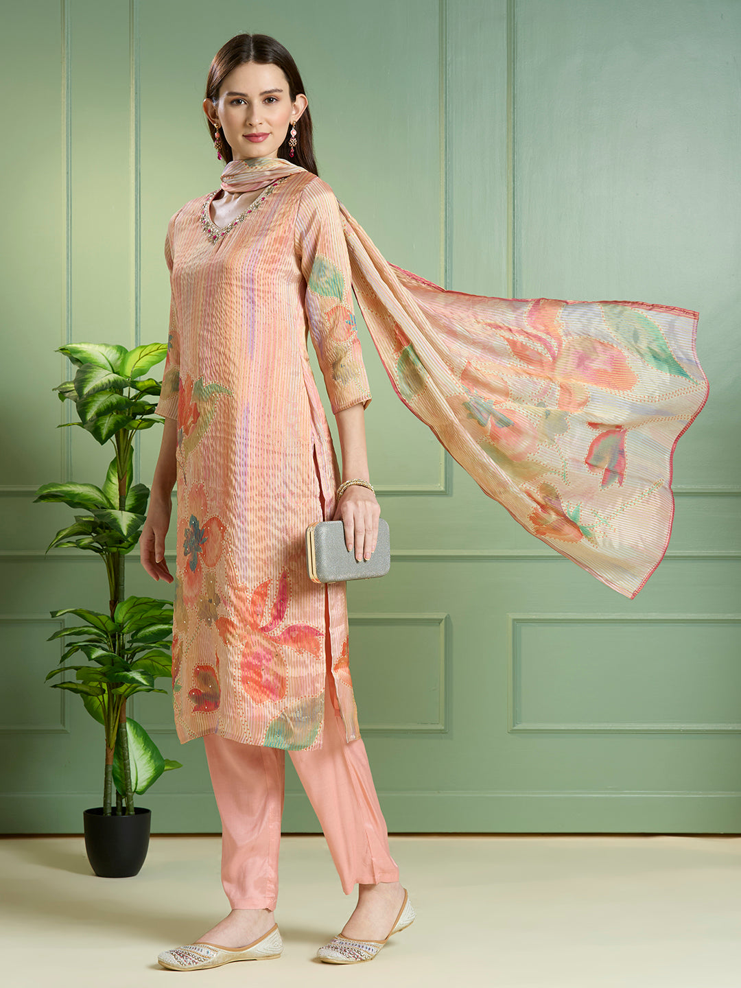 Festive Floral Printed Embroidered Tissue Kurta with Pant & Dupatta - Pink
