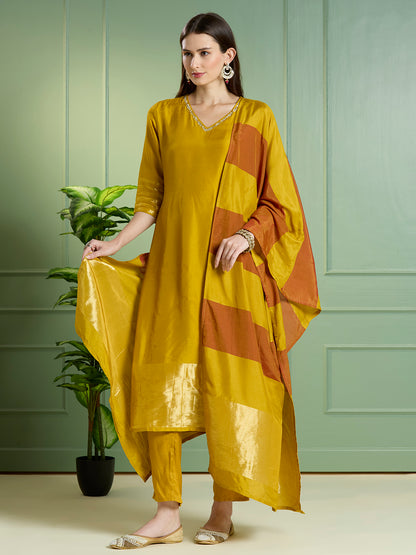 Solid Ethnic Embroidered Straight Kurta with Pant & Dupatta - Yellow
