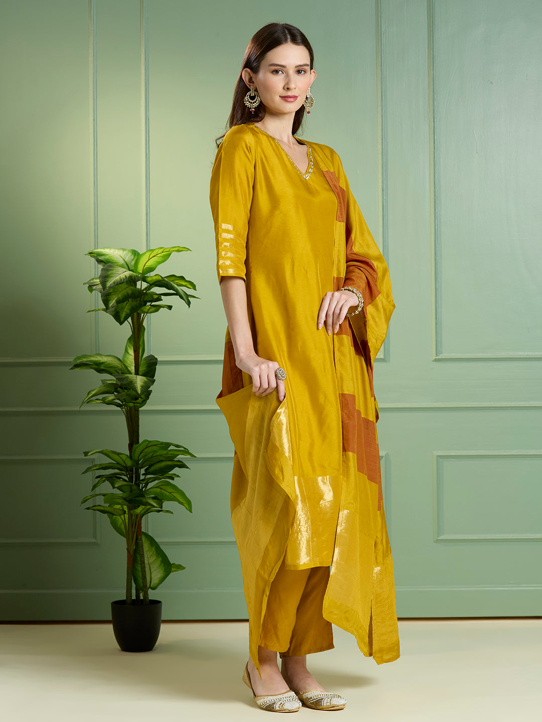 Solid Ethnic Embroidered Straight Kurta with Pant & Dupatta - Yellow