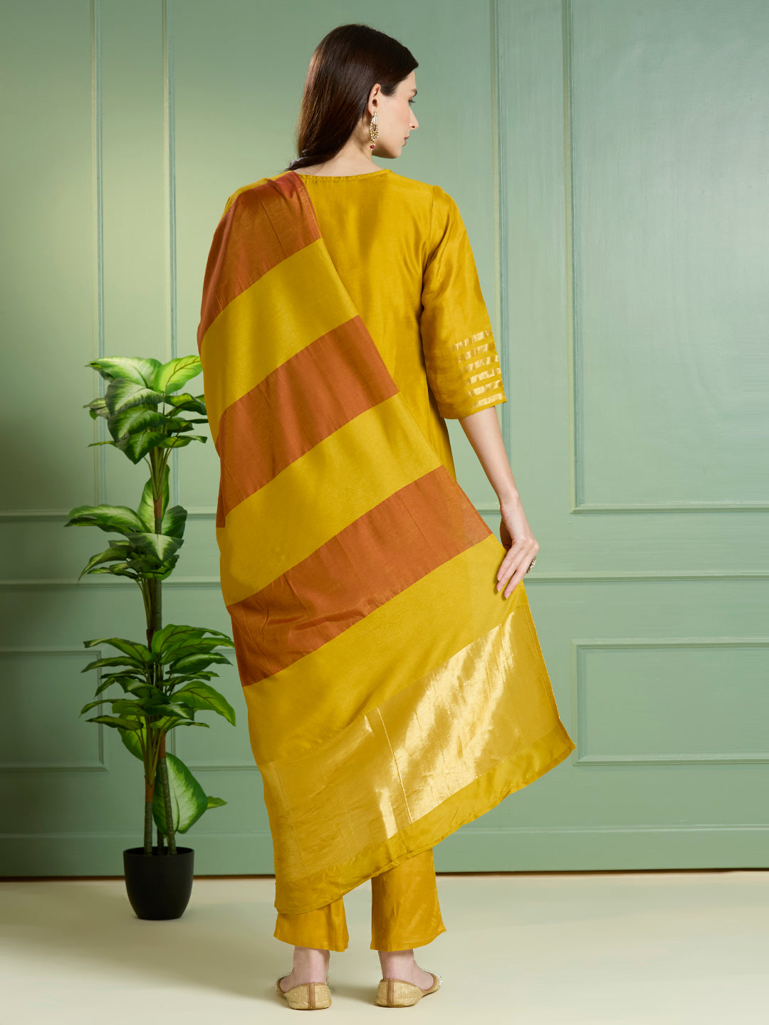 Solid Ethnic Embroidered Straight Kurta with Pant & Dupatta - Yellow
