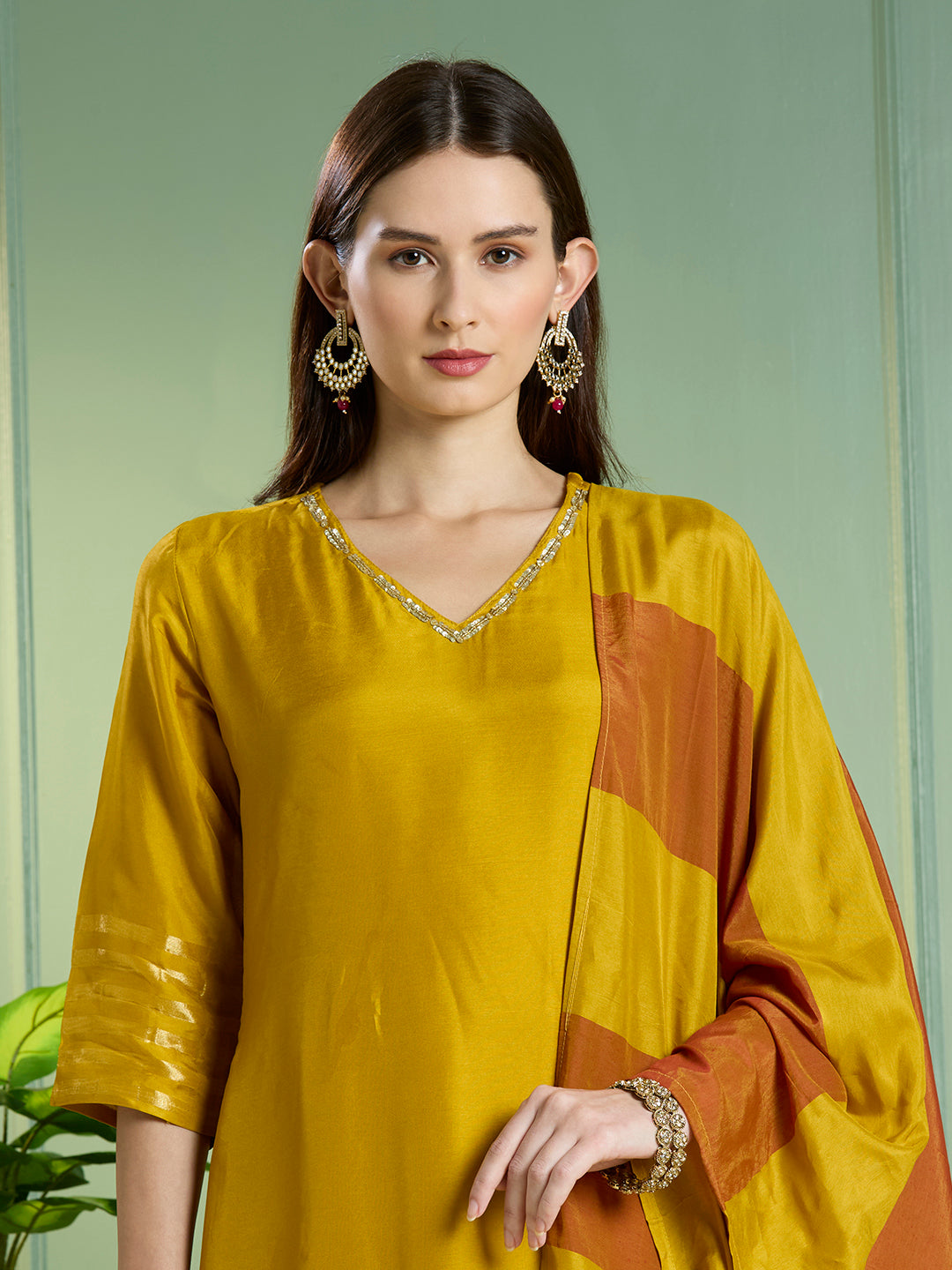 Solid Ethnic Embroidered Straight Kurta with Pant & Dupatta - Yellow