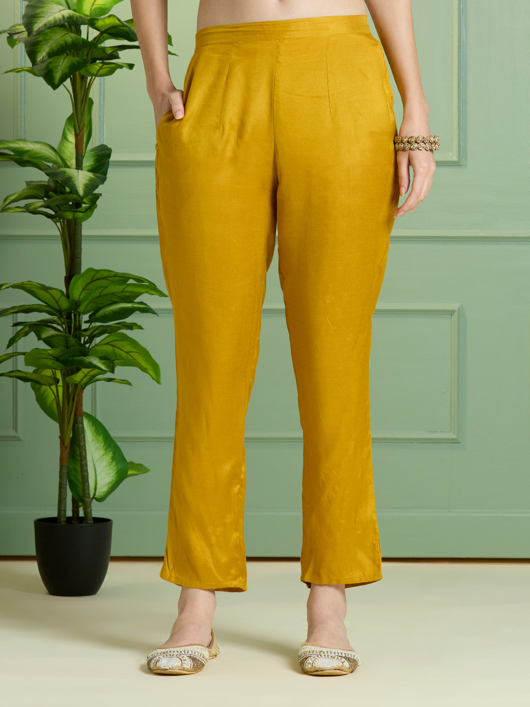 Solid Ethnic Embroidered Straight Kurta with Pant & Dupatta - Yellow