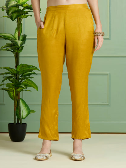 Solid Ethnic Embroidered Straight Kurta with Pant & Dupatta - Yellow