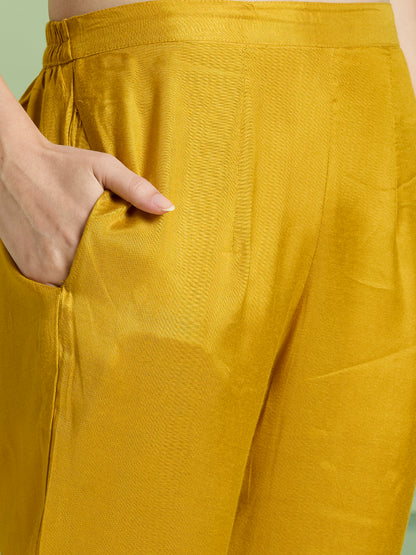 Solid Ethnic Embroidered Straight Kurta with Pant & Dupatta - Yellow