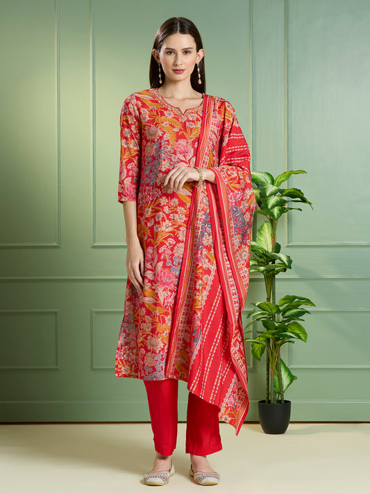 Ethnic Floral Printed Straight Kurta with Pant & Dupatta - Red