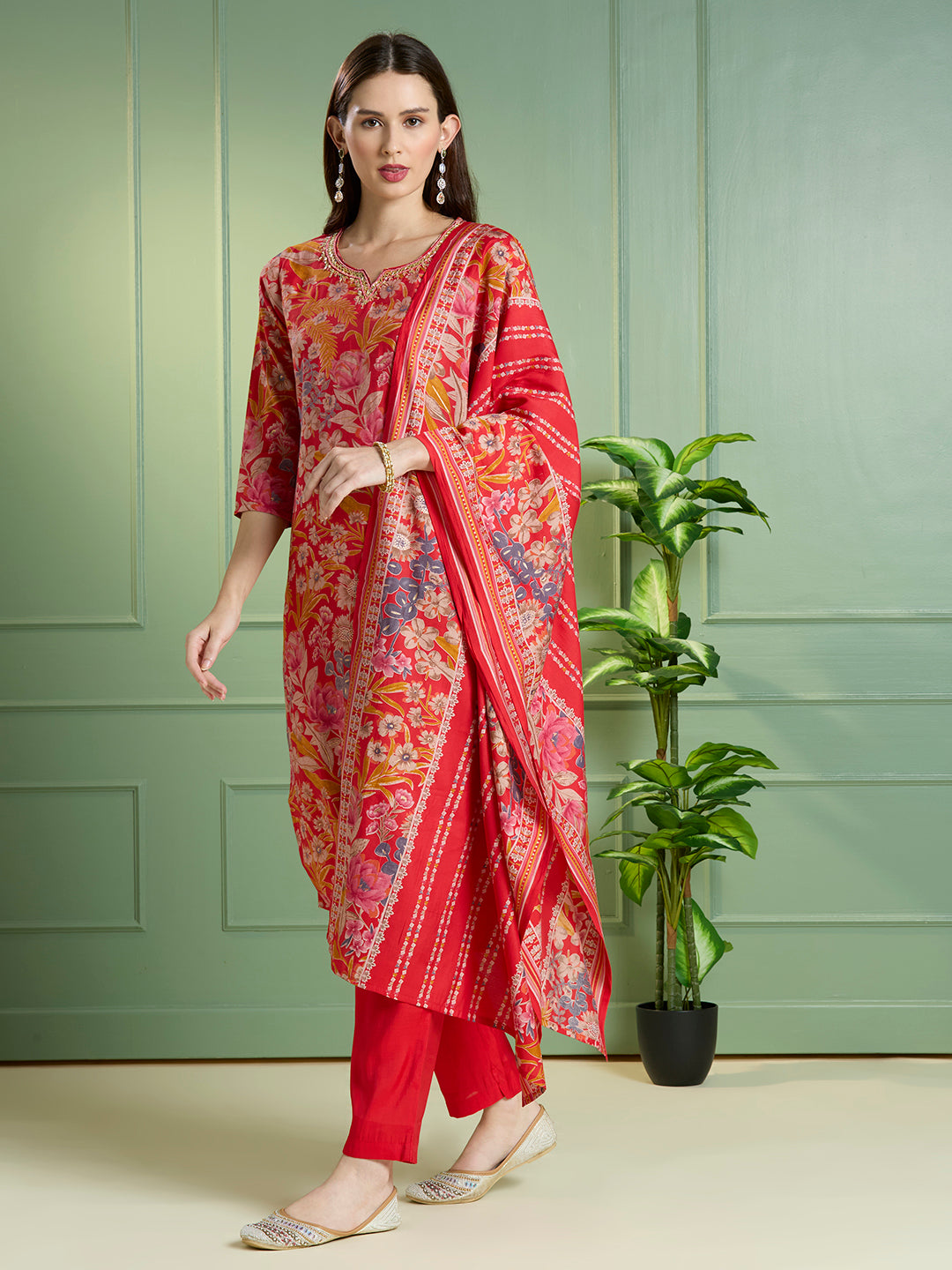 Ethnic Floral Printed Straight Kurta with Pant & Dupatta - Red