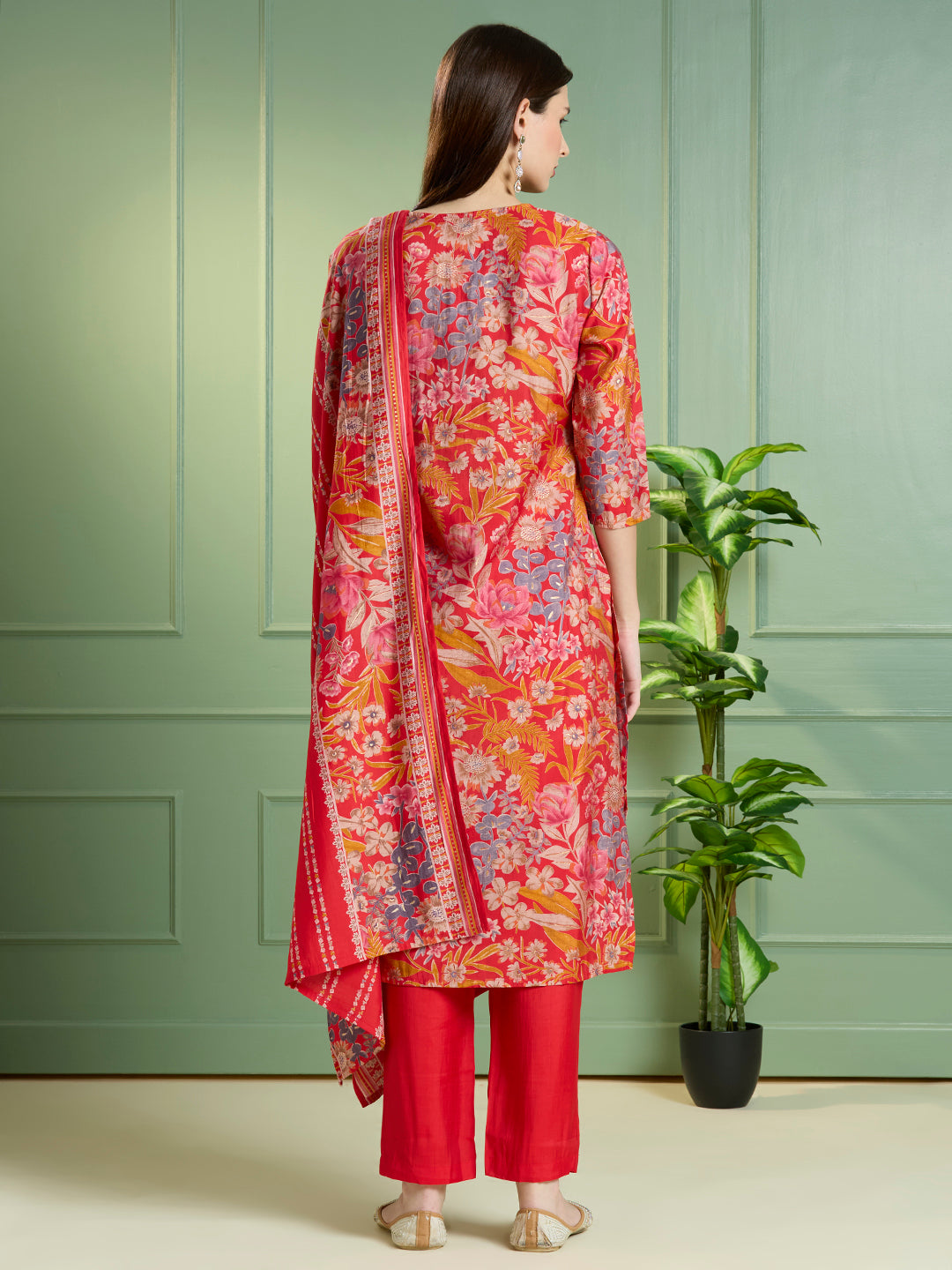 Ethnic Floral Printed Straight Kurta with Pant & Dupatta - Red