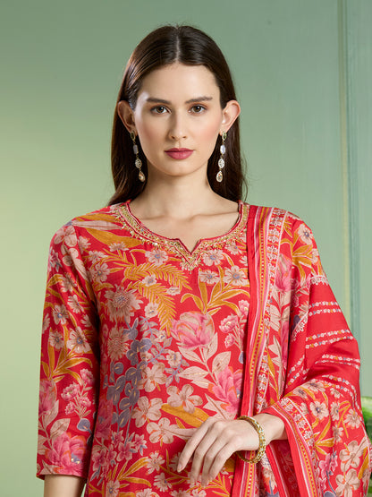 Ethnic Floral Printed Straight Kurta with Pant & Dupatta - Red