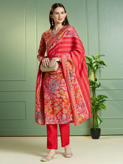 Ethnic Floral Printed Straight Kurta with Pant & Dupatta - Red