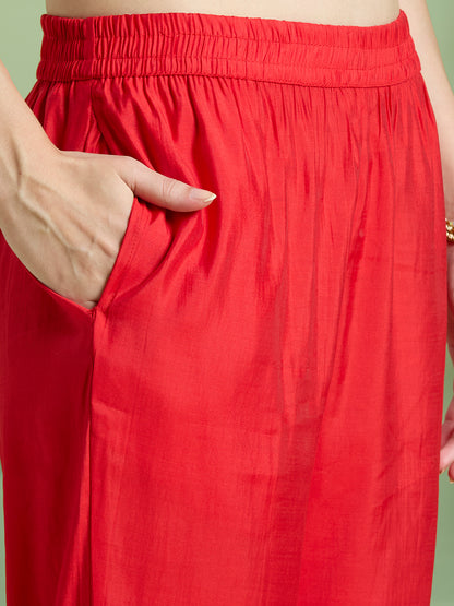 Ethnic Floral Printed Straight Kurta with Pant & Dupatta - Red