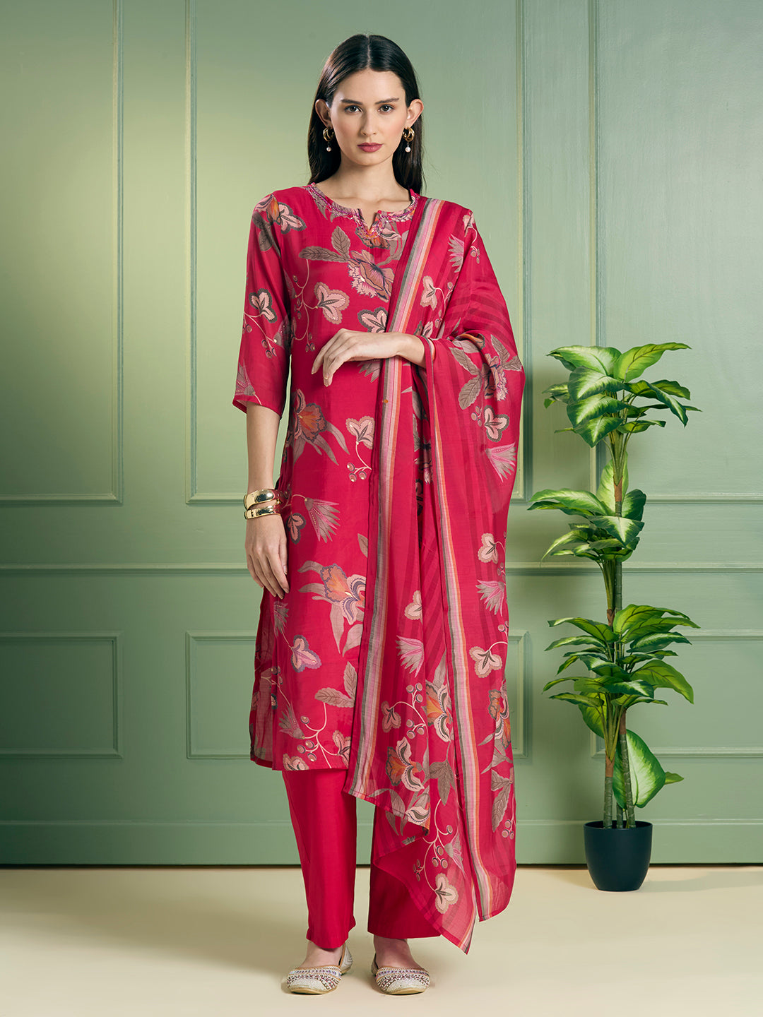 Ethnic Floral Printed Straight Fit Embroidered Kurta with Pant and Dupatta - Pink