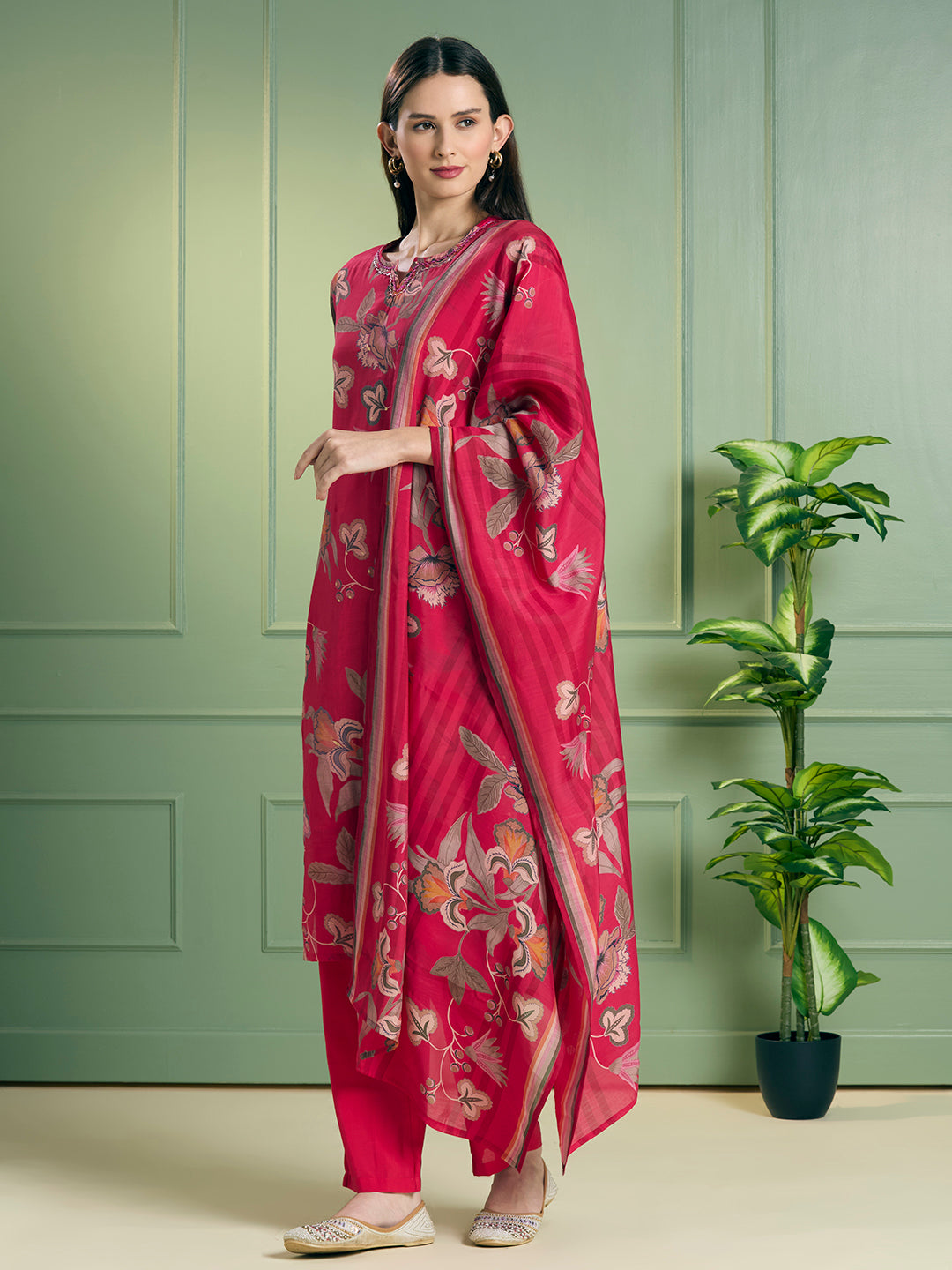 Ethnic Floral Printed Straight Fit Embroidered Kurta with Pant and Dupatta - Pink