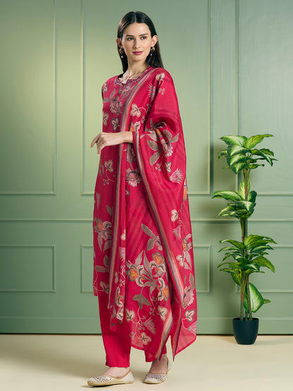 Ethnic Floral Printed Straight Fit Embroidered Kurta with Pant and Dupatta - Pink