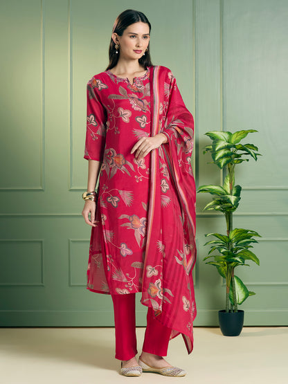 Ethnic Floral Printed Straight Fit Embroidered Kurta with Pant and Dupatta - Pink