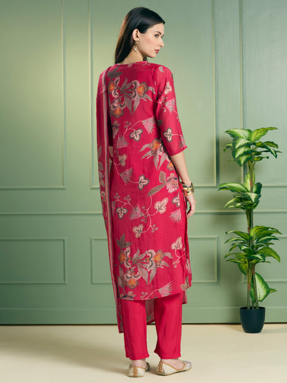Ethnic Floral Printed Straight Fit Embroidered Kurta with Pant and Dupatta - Pink