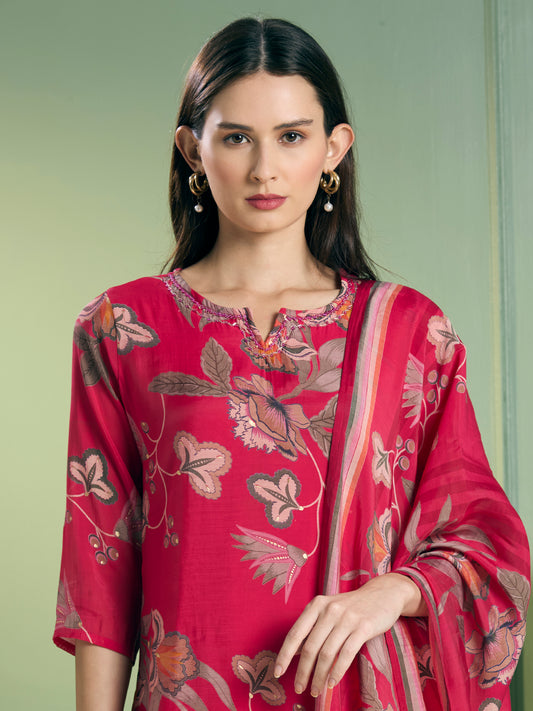 Ethnic Floral Printed Straight Fit Embroidered Kurta with Pant and Dupatta - Pink