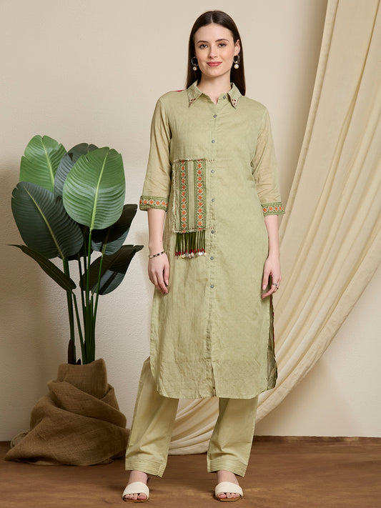 Solid Ethnic Thread & Patchwork Straight Fit Kurta with Pant - Light Green