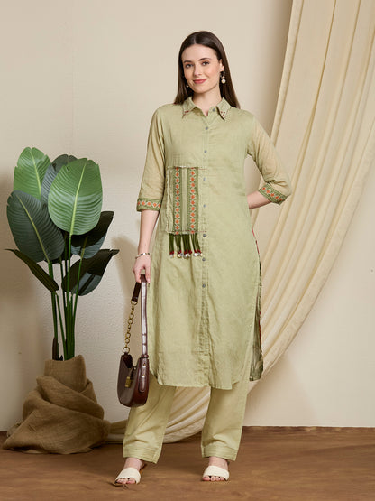Solid Ethnic Thread & Patchwork Straight Fit Kurta with Pant - Light Green