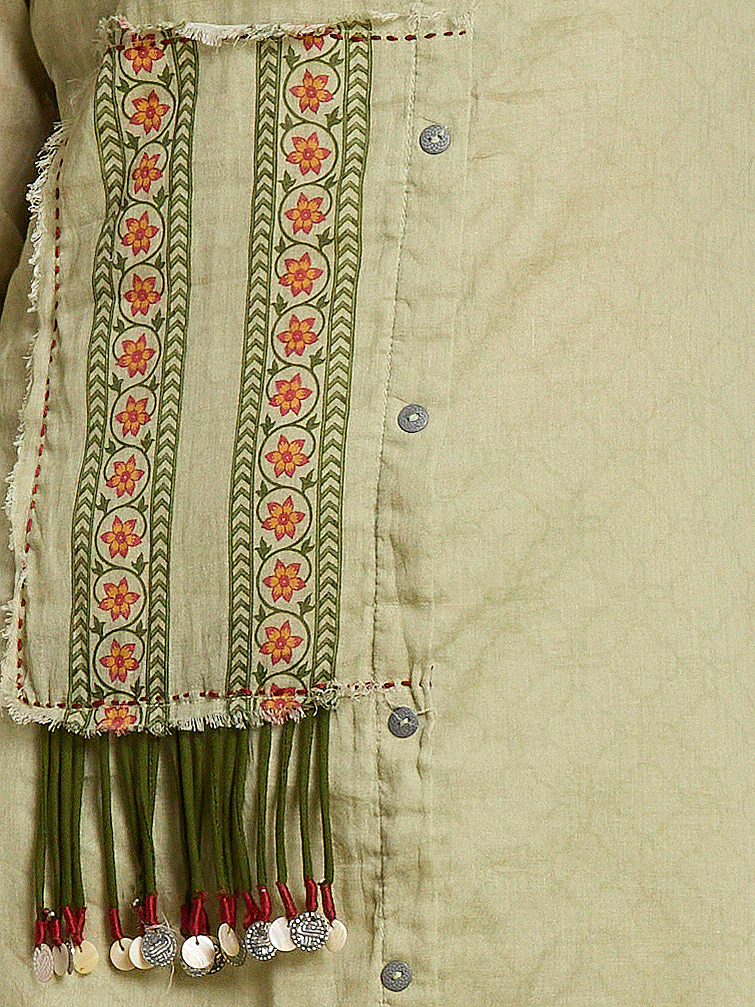 Solid Ethnic Thread & Patchwork Straight Fit Kurta with Pant - Light Green