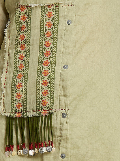 Solid Ethnic Thread & Patchwork Straight Fit Kurta with Pant - Light Green