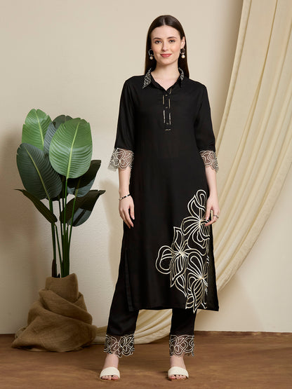 Abstract Floral Embroidered Straight Fit Co-ord Set - Black