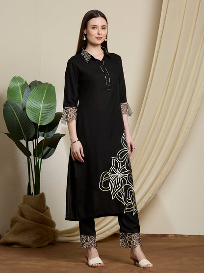 Abstract Floral Embroidered Straight Fit Co-ord Set - Black
