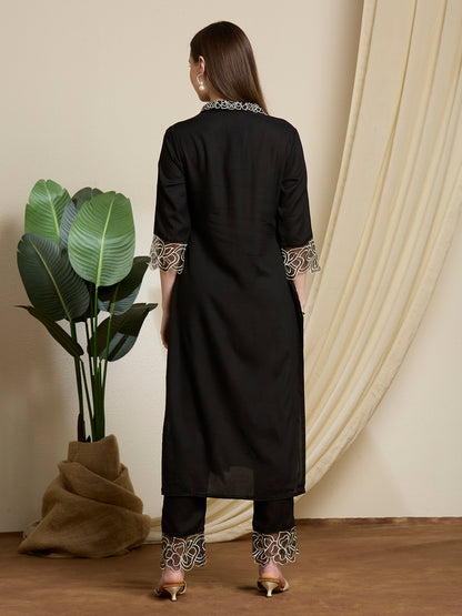 Abstract Floral Embroidered Straight Fit Co-ord Set - Black