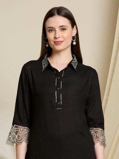 Abstract Floral Embroidered Straight Fit Co-ord Set - Black