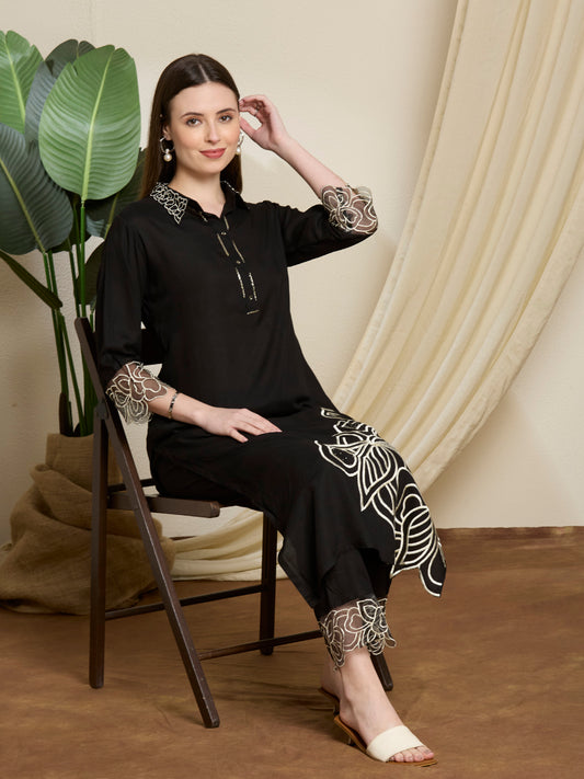 Abstract Floral Embroidered Straight Fit Co-ord Set - Black