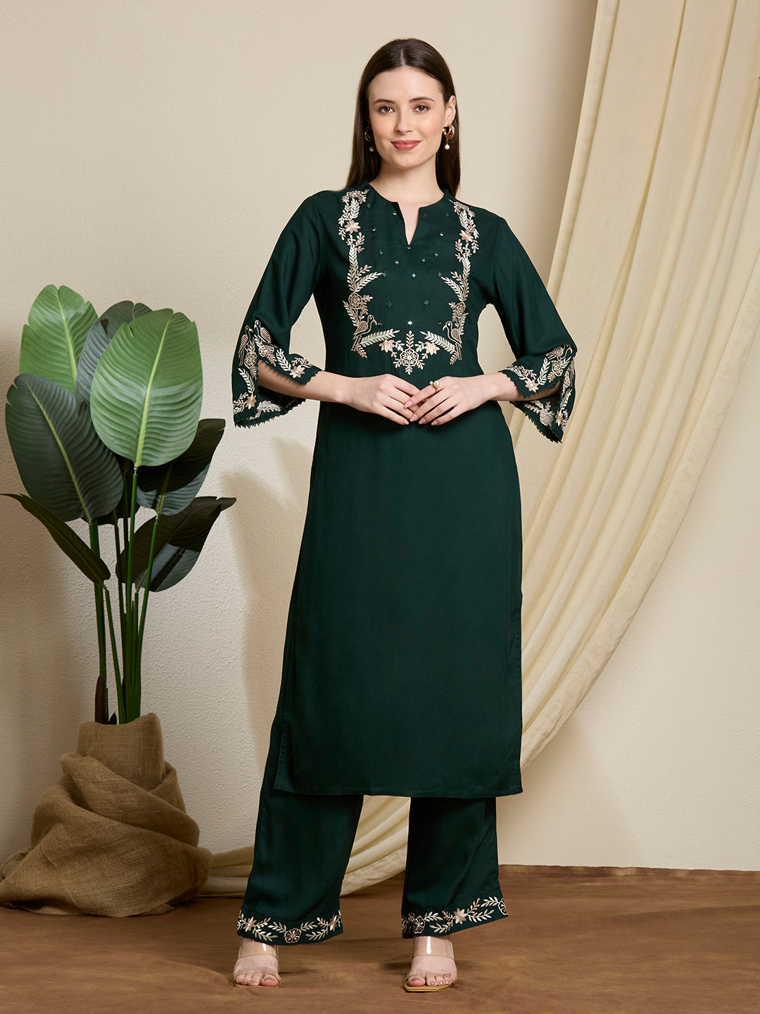 Floral Threadwork Embroidered Straight Fit Co-ord Set - Green