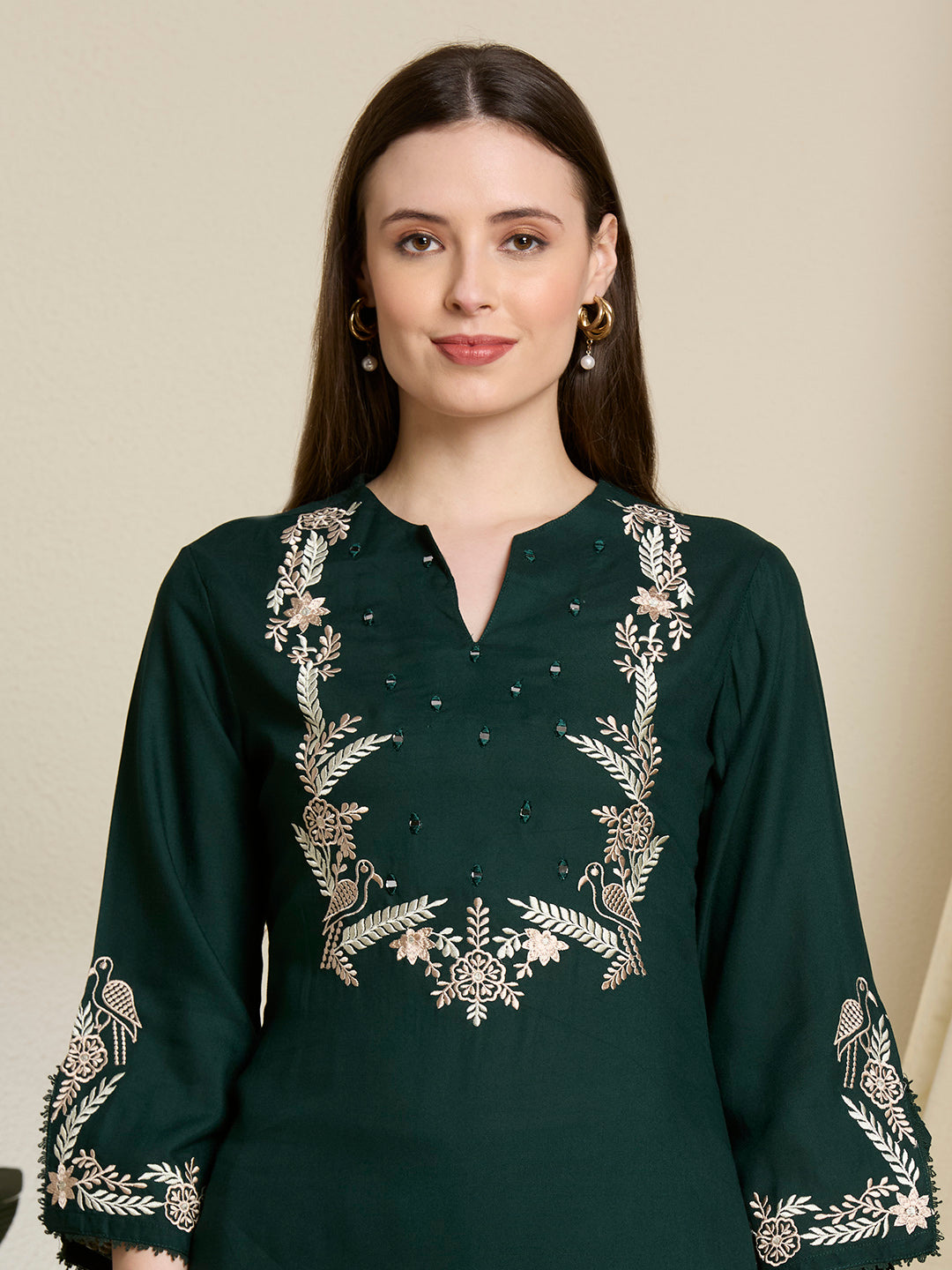 Floral Threadwork Embroidered Straight Fit Co-ord Set - Green