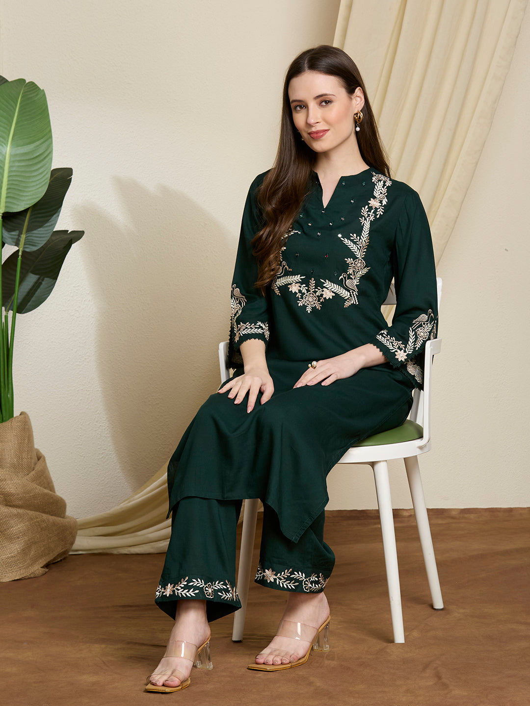 Floral Threadwork Embroidered Straight Fit Co-ord Set - Green